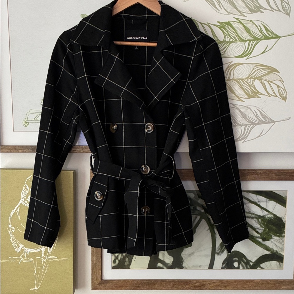 Who What Wear Black and White Grid Trench Coat